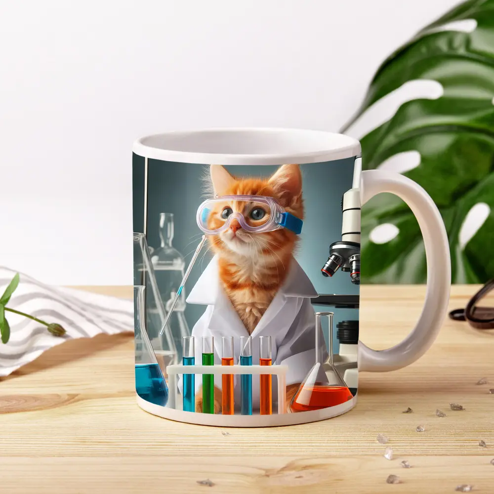Orange Kitten Scientist In Laboratory Setting – Mugs