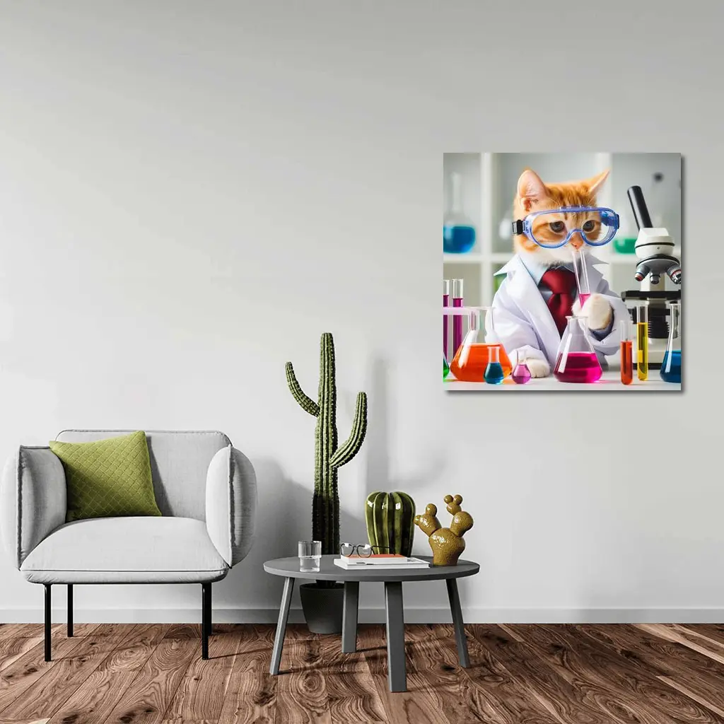 Orange Cat Scientist Lab Coat Microscope – Wall Art