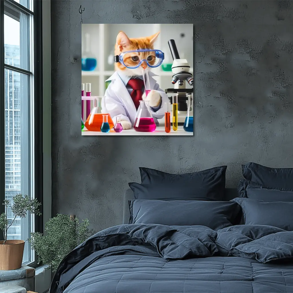 Orange Cat Scientist Lab Coat Microscope – Wall Art