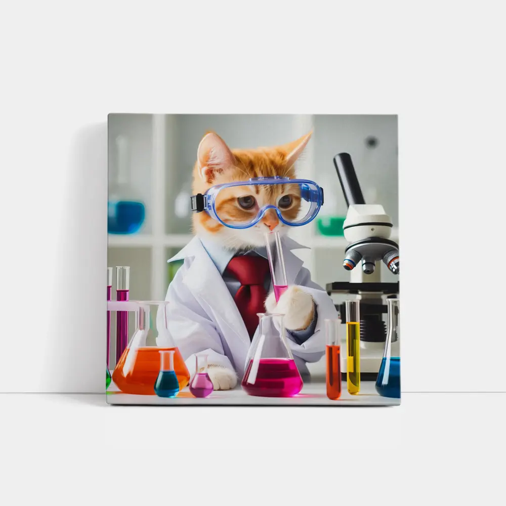 Orange Cat Scientist Lab Coat Microscope – Wall Art