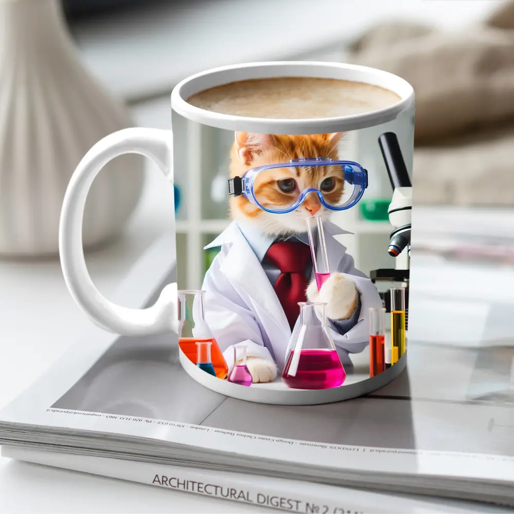 Orange Cat Scientist Lab Coat Microscope – Mugs
