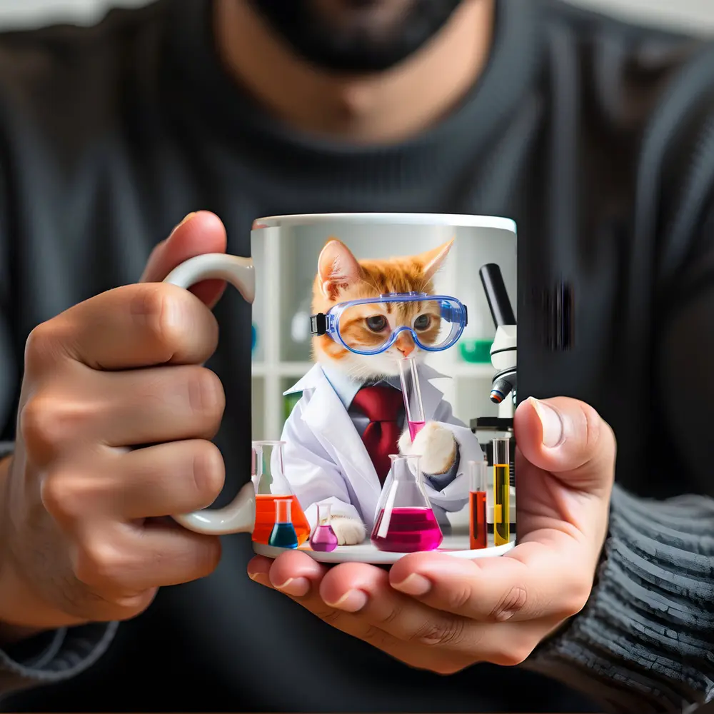 Orange Cat Scientist Lab Coat Microscope – Mugs