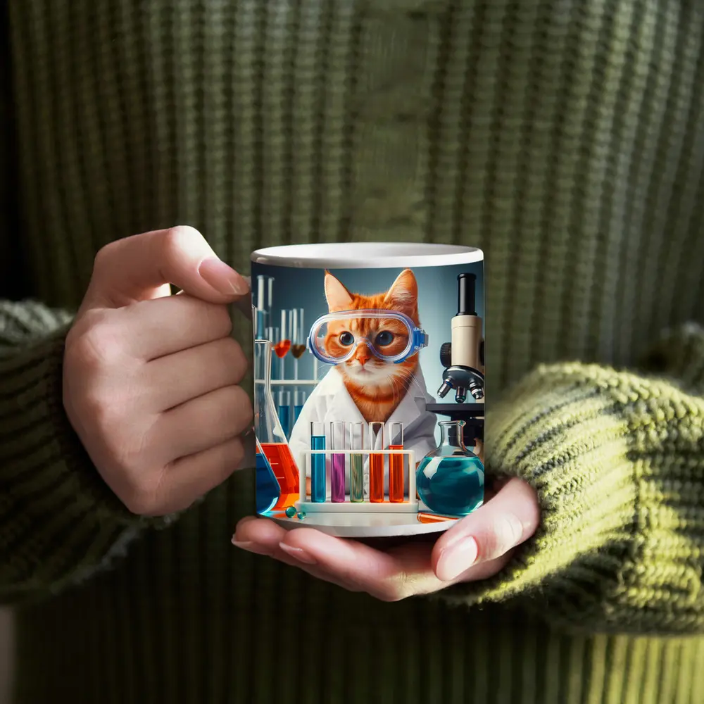 Orange Tabby Cat Scientist Laboratory Setting – Mugs