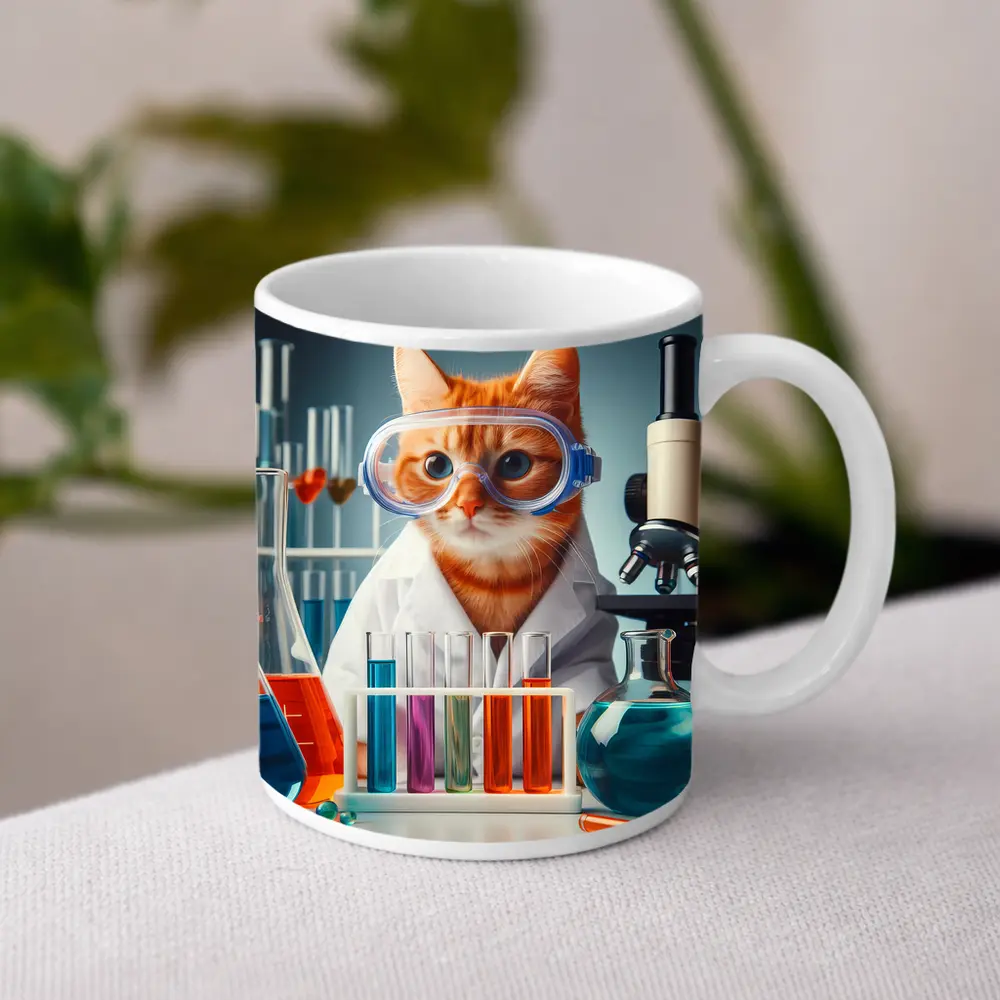 Orange Tabby Cat Scientist Laboratory Setting – Mugs