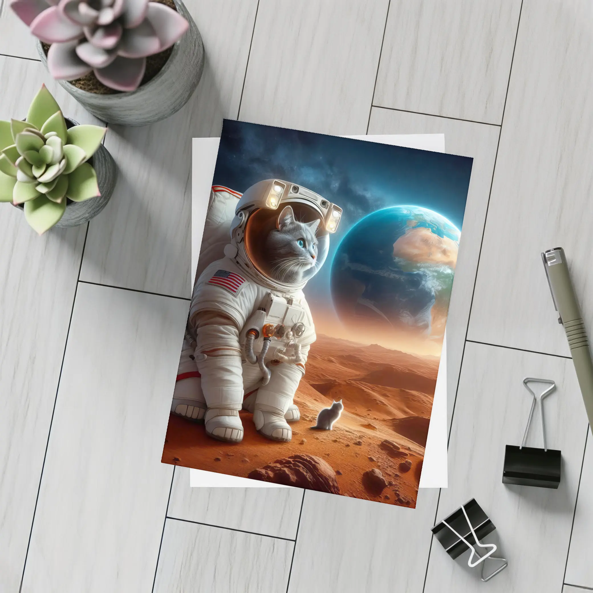 Cat Astronaut Standing On Mars Red Planet – Postcards