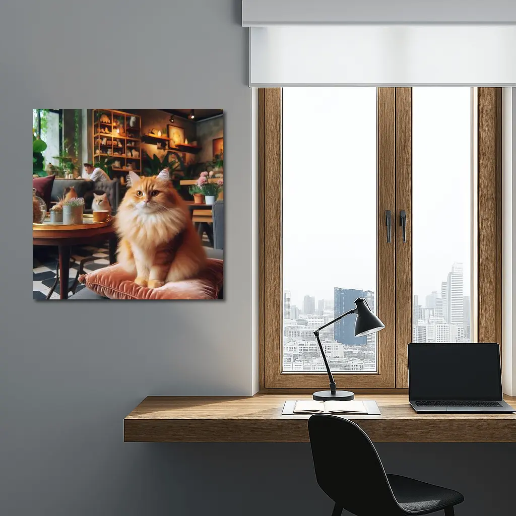 Fluffy Orange Cat Sitting Cozy Cafe Interior – Wall Art
