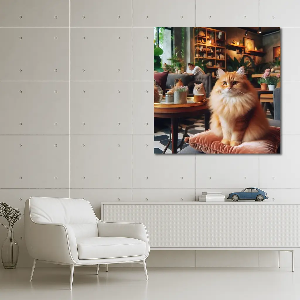 Fluffy Orange Cat Sitting Cozy Cafe Interior – Wall Art
