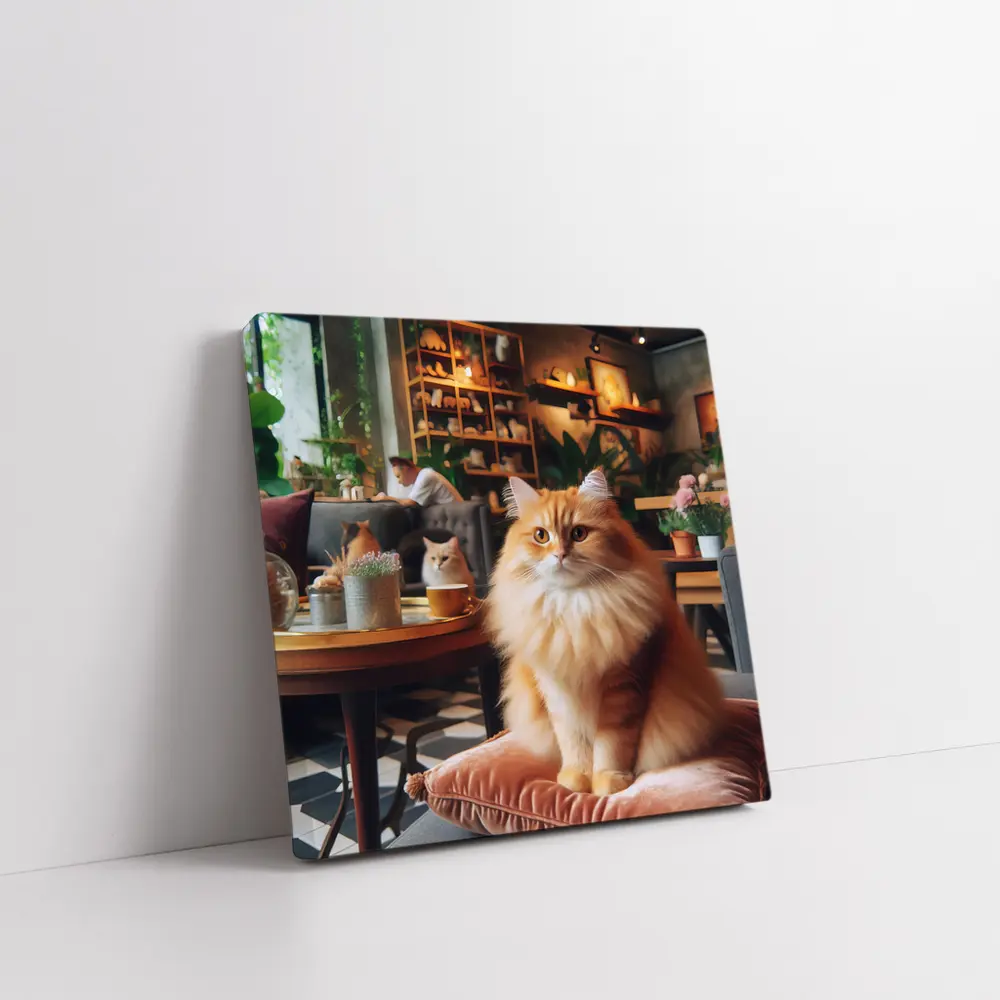 Fluffy Orange Cat Sitting Cozy Cafe Interior – Wall Art