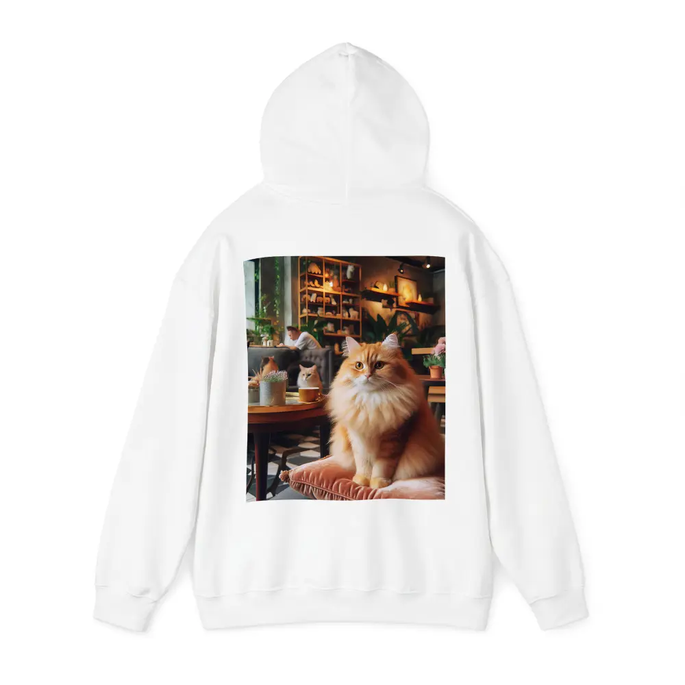 Fluffy Orange Cat Sitting Cozy Cafe Interior – Hoodies