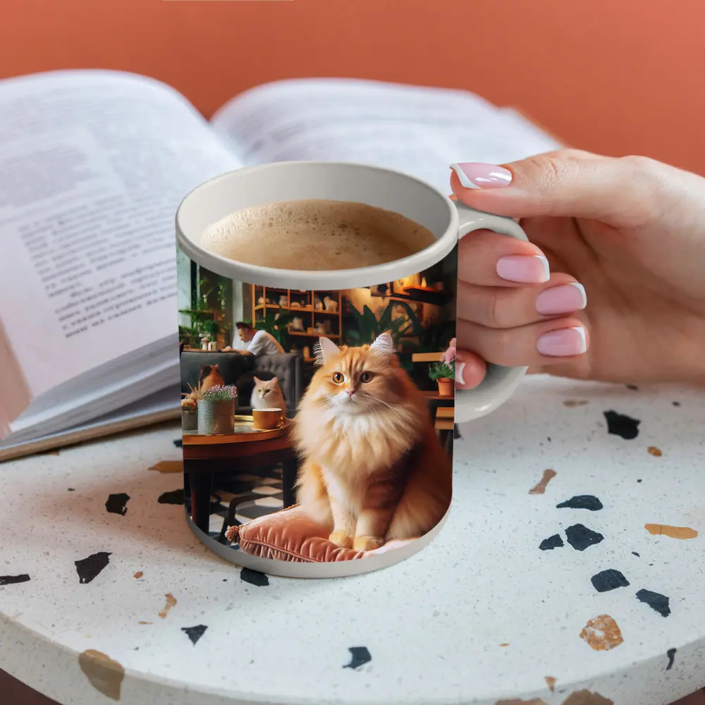 Fluffy Orange Cat Sitting Cozy Cafe Interior – Mugs