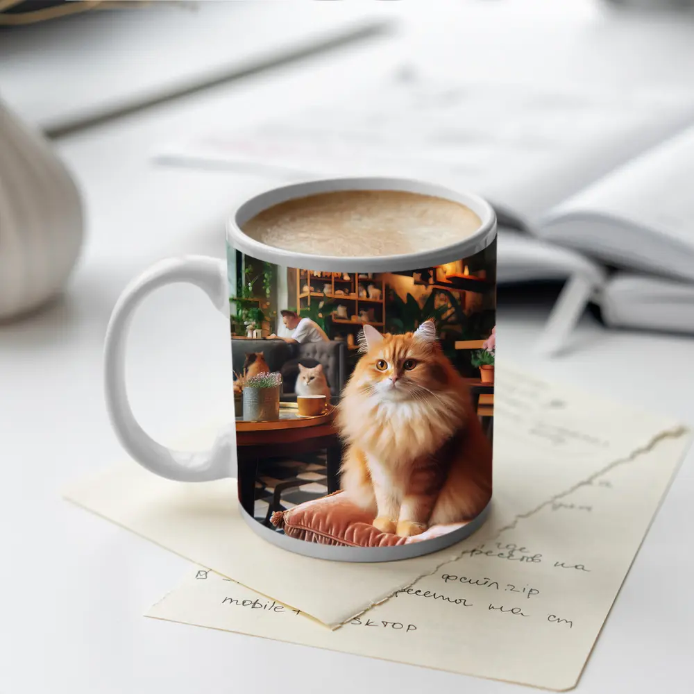 Fluffy Orange Cat Sitting Cozy Cafe Interior – Mugs