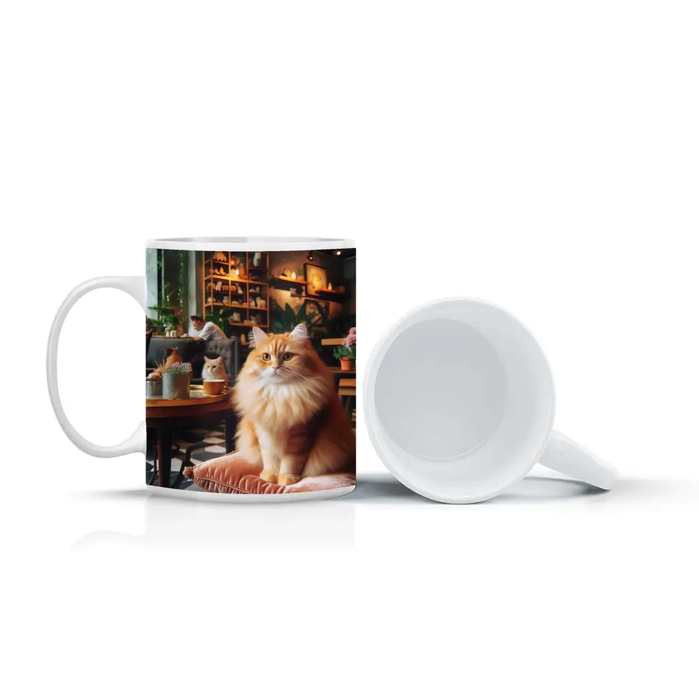 Fluffy Orange Cat Sitting Cozy Cafe Interior – Mugs
