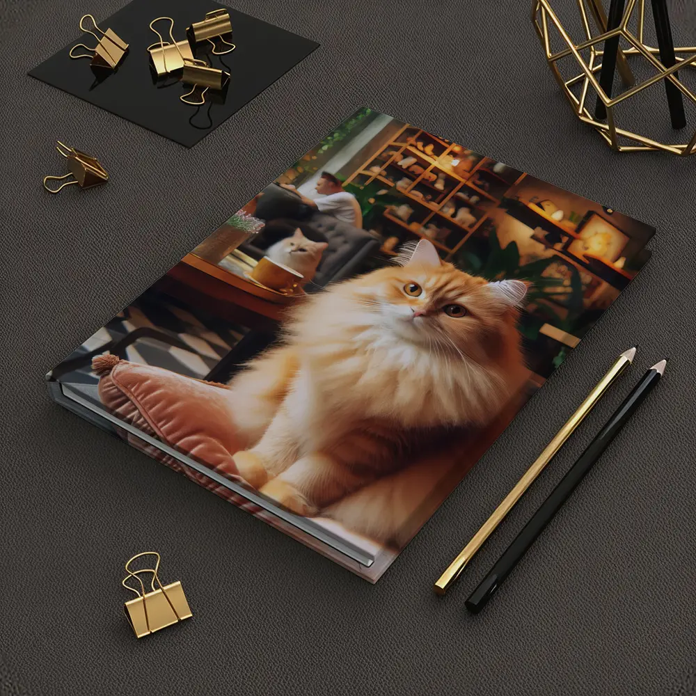 Fluffy Orange Cat Sitting Cozy Cafe Interior – Notebooks