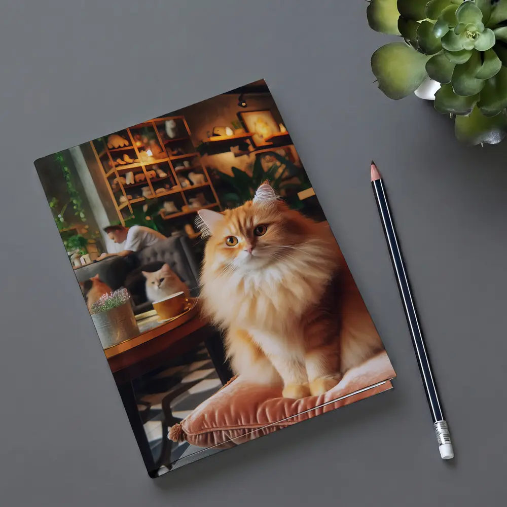 Fluffy Orange Cat Sitting Cozy Cafe Interior – Notebooks