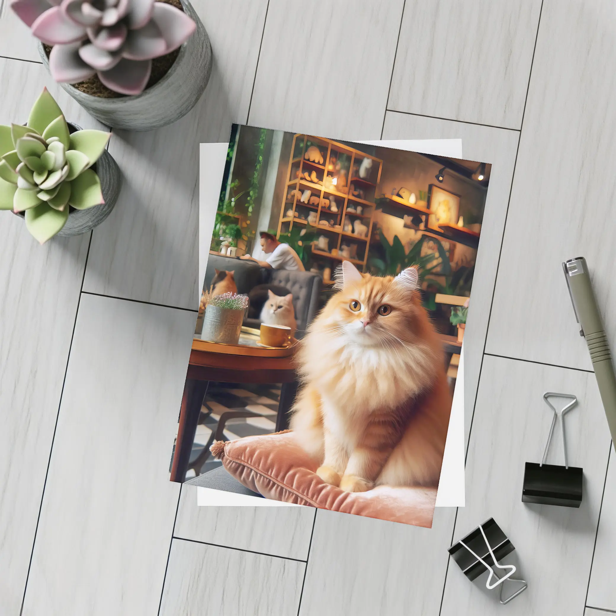 Fluffy Orange Cat Sitting Cozy Cafe Interior – Postcards
