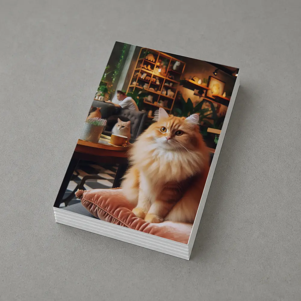 Fluffy Orange Cat Sitting Cozy Cafe Interior – Postcards