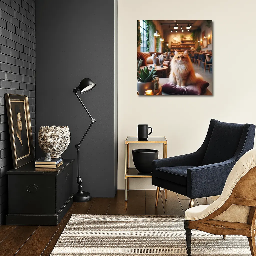 Fluffy Orange Cat Sitting In Cozy Cafe – Wall Art