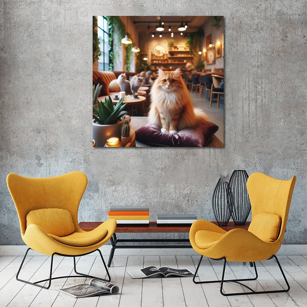 Fluffy Orange Cat Sitting In Cozy Cafe – Wall Art