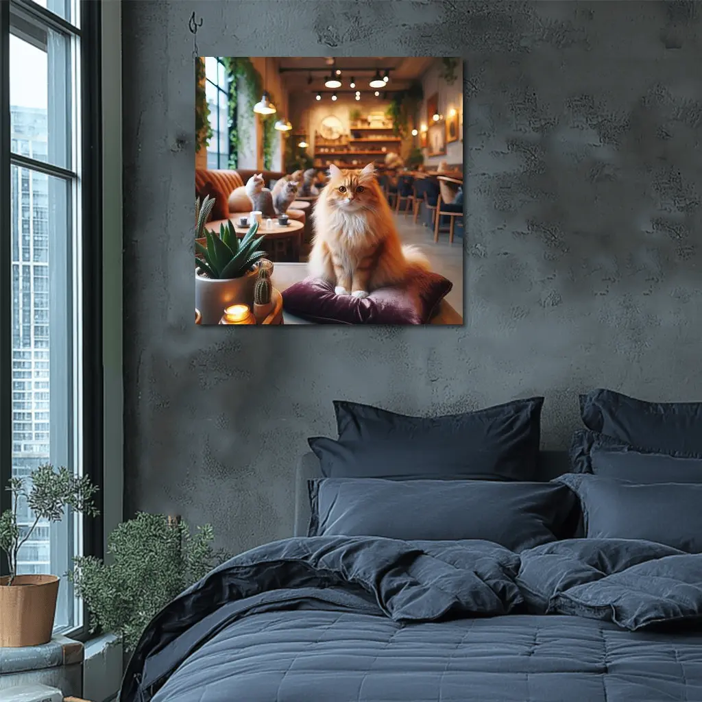 Fluffy Orange Cat Sitting In Cozy Cafe – Wall Art