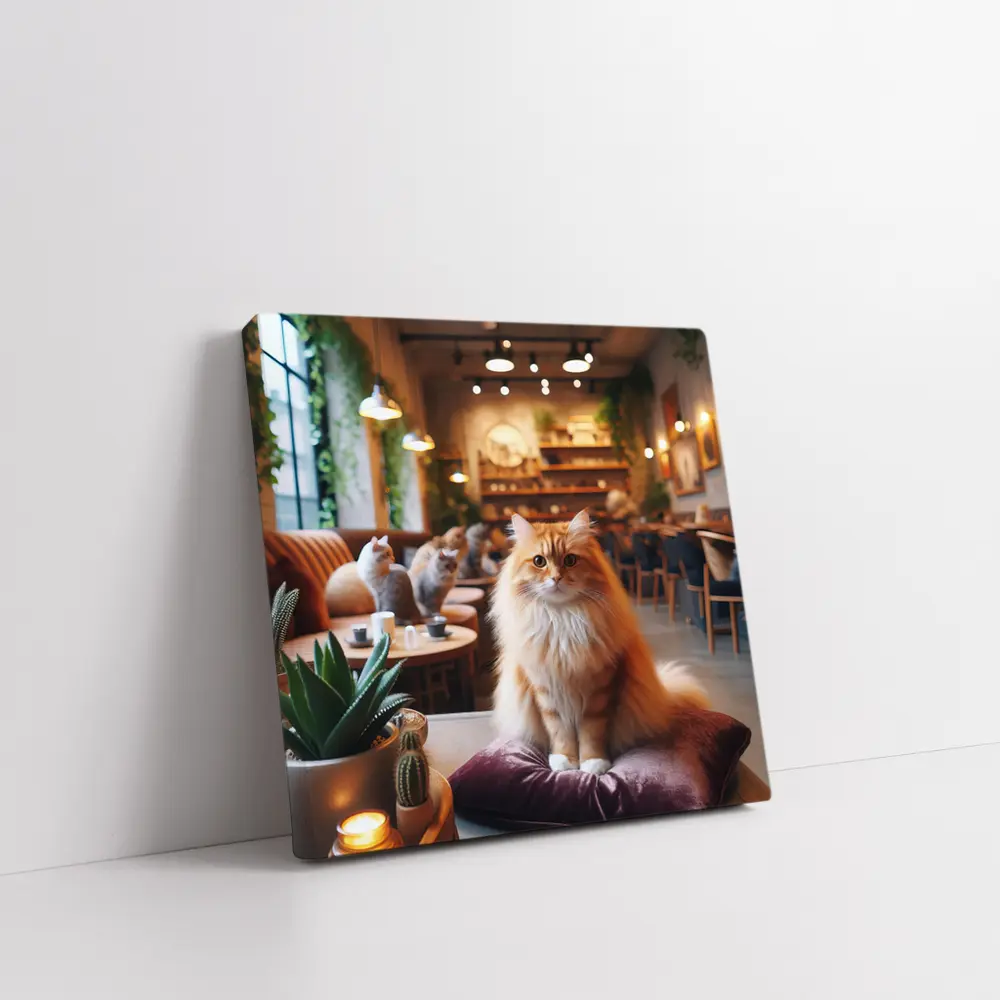 Fluffy Orange Cat Sitting In Cozy Cafe – Wall Art