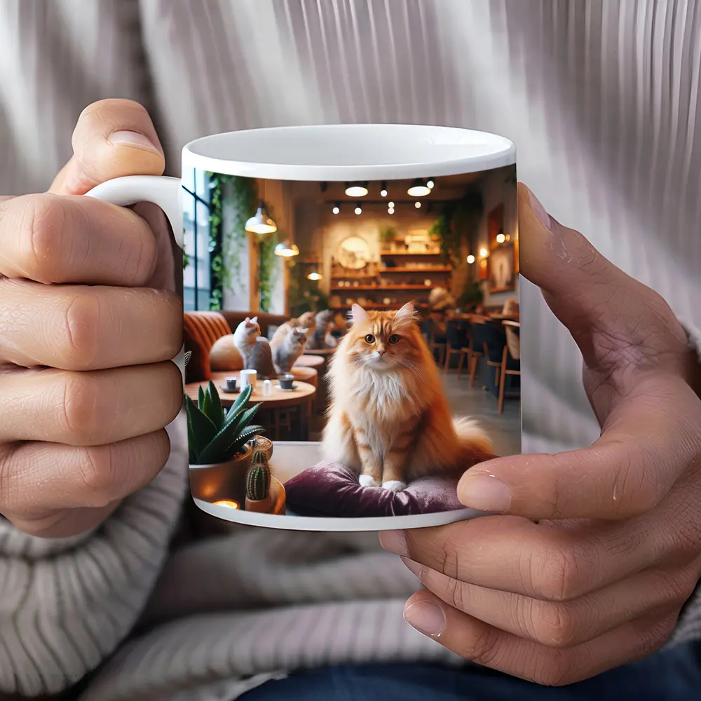 Fluffy Orange Cat Sitting In Cozy Cafe – Mugs