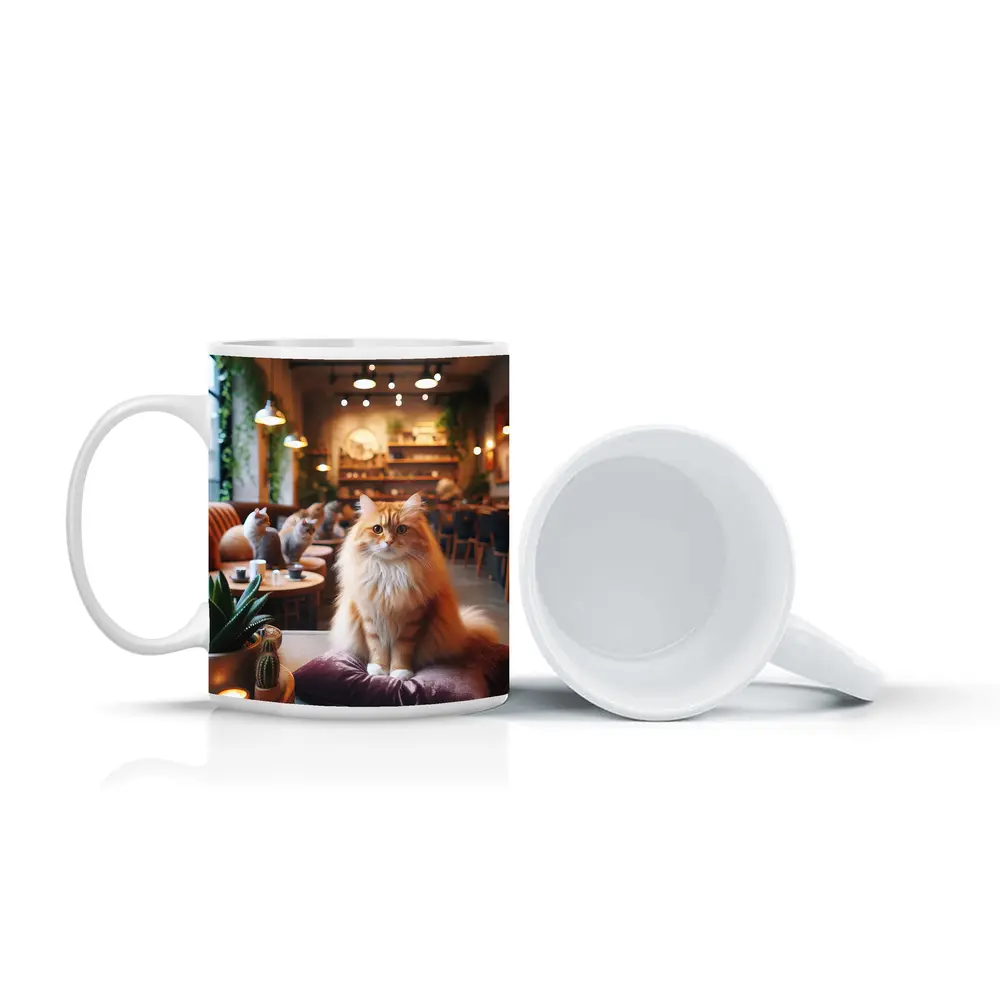 Fluffy Orange Cat Sitting In Cozy Cafe – Mugs