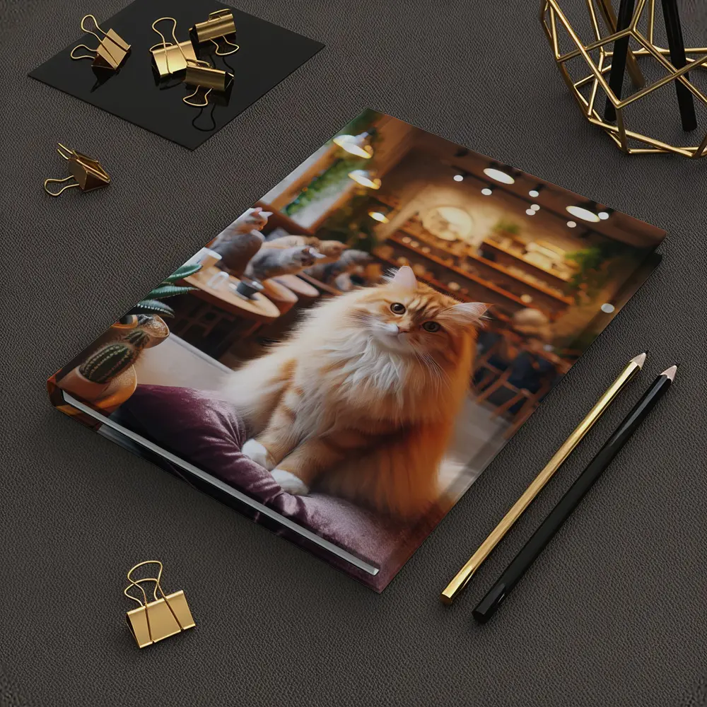 Fluffy Orange Cat Sitting In Cozy Cafe – Notebooks
