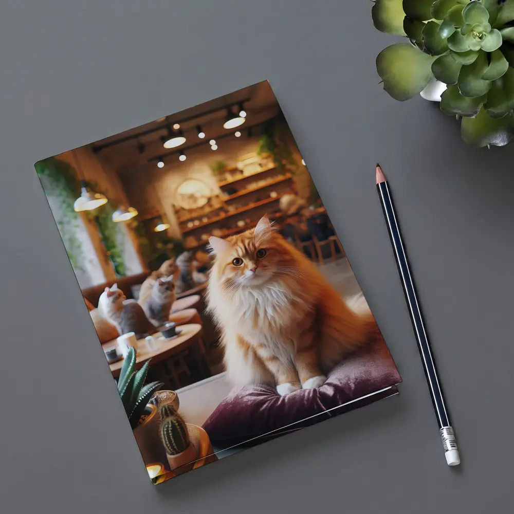 Fluffy Orange Cat Sitting In Cozy Cafe – Notebooks