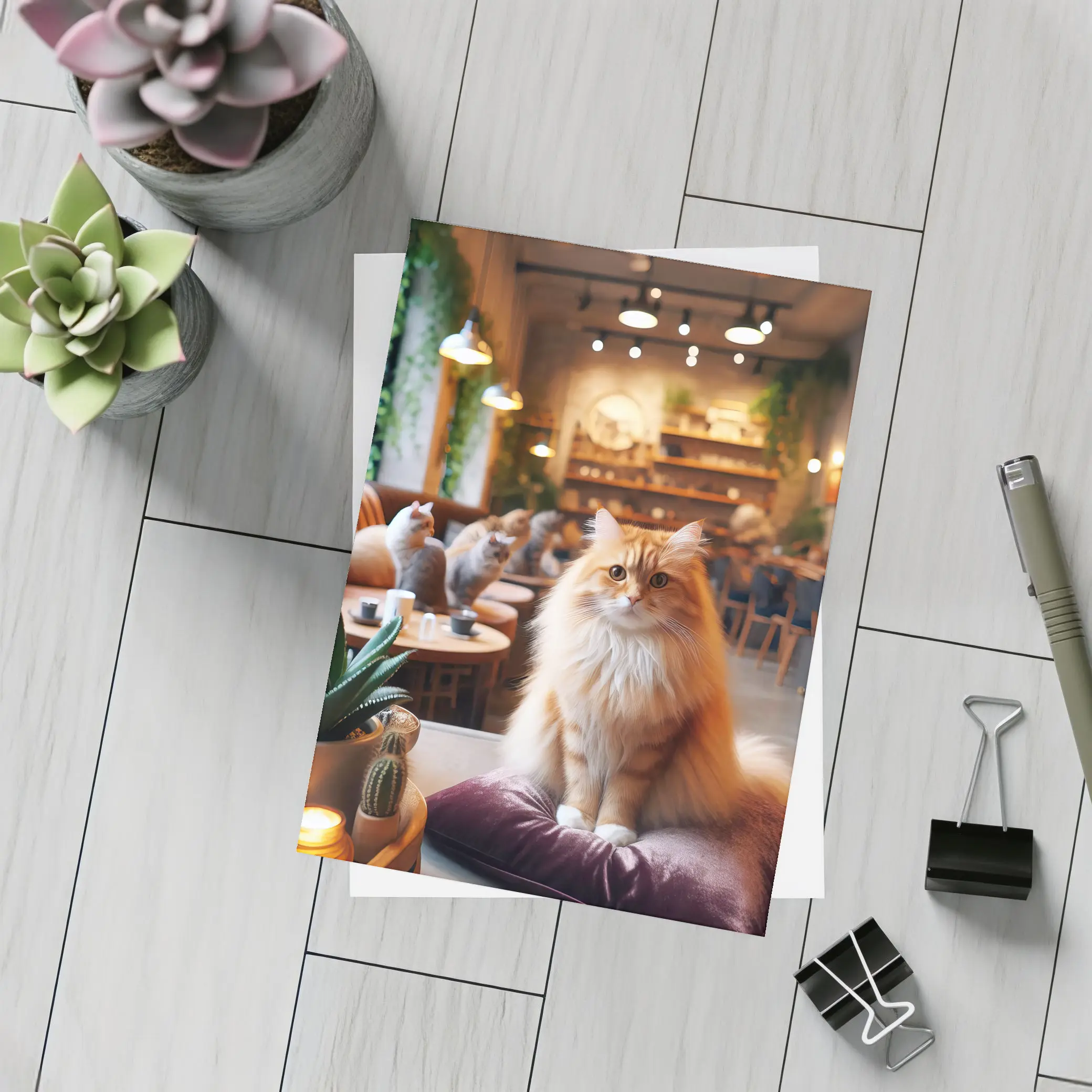 Fluffy Orange Cat Sitting In Cozy Cafe – Postcards