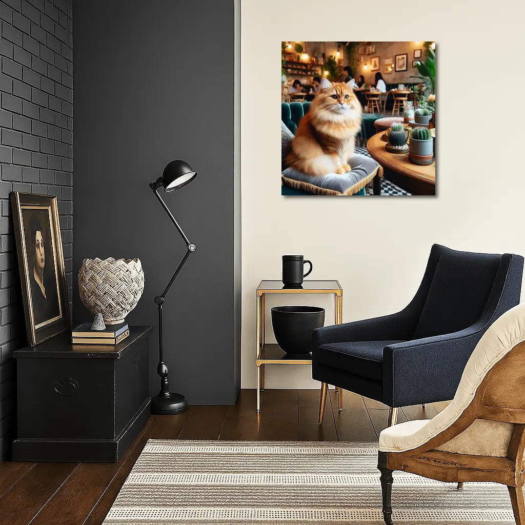 Fluffy Orange Cat Sitting In Cozy Cafe – Wall Art