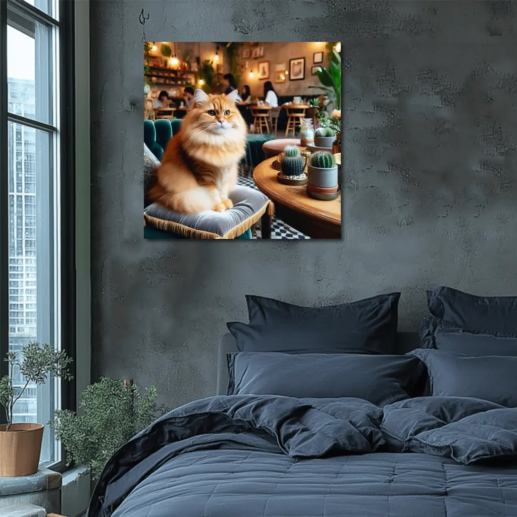 Fluffy Orange Cat Sitting In Cozy Cafe – Wall Art
