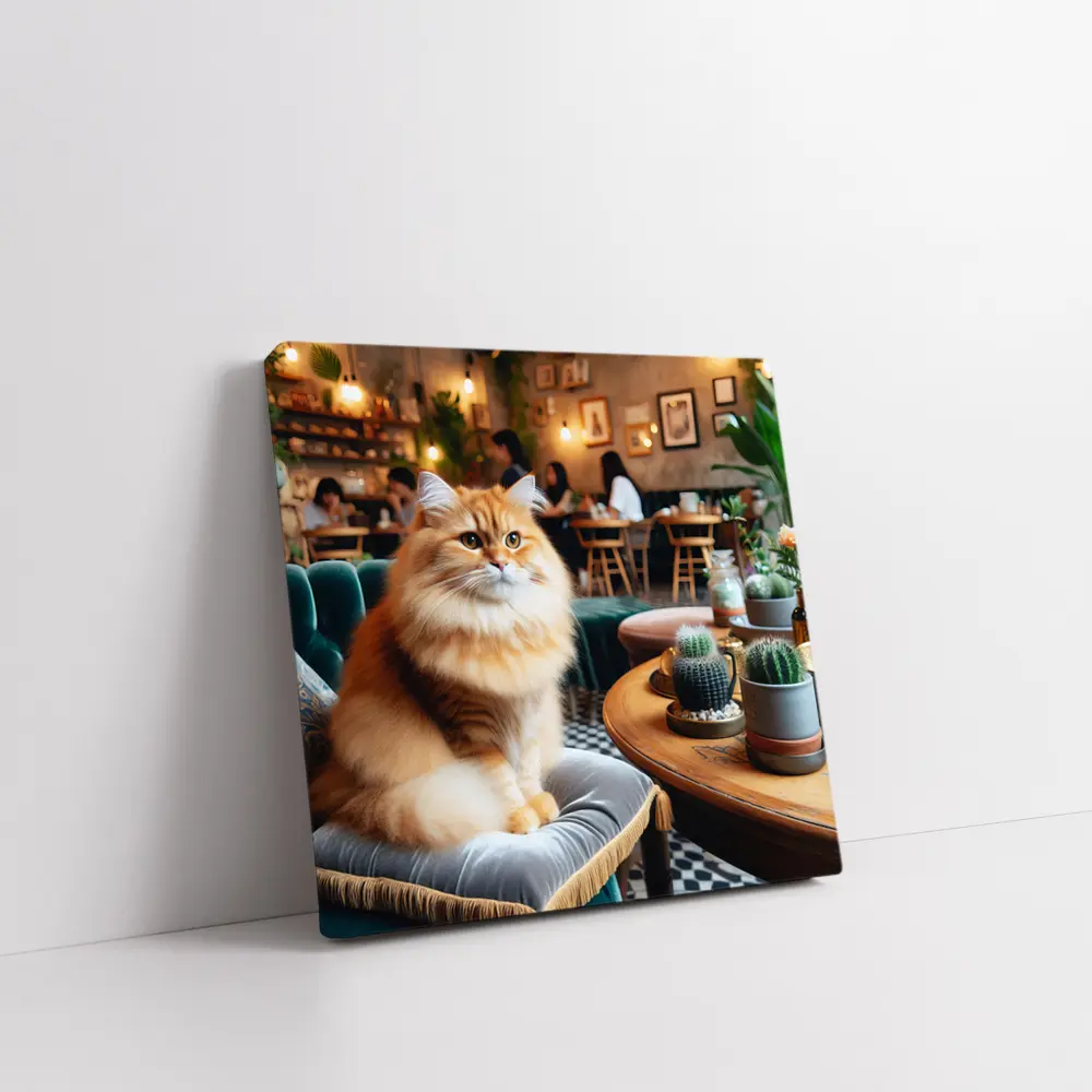 Fluffy Orange Cat Sitting In Cozy Cafe – Wall Art