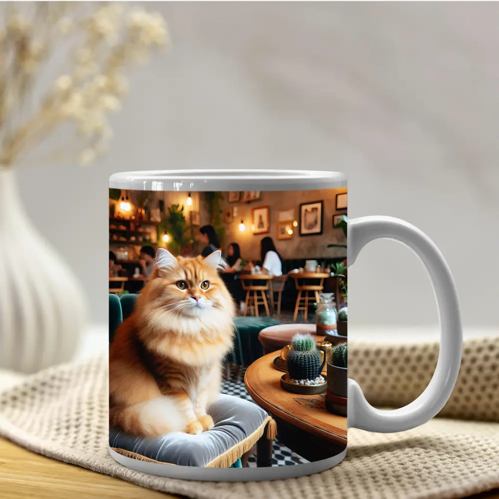 Fluffy Orange Cat Sitting In Cozy Cafe – Mugs