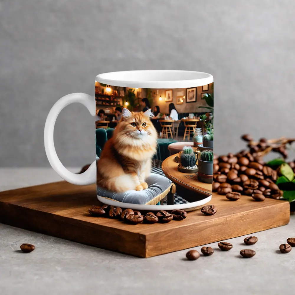 Fluffy Orange Cat Sitting In Cozy Cafe – Mugs