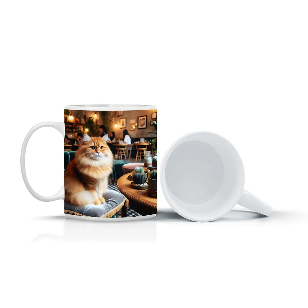 Fluffy Orange Cat Sitting In Cozy Cafe – Mugs