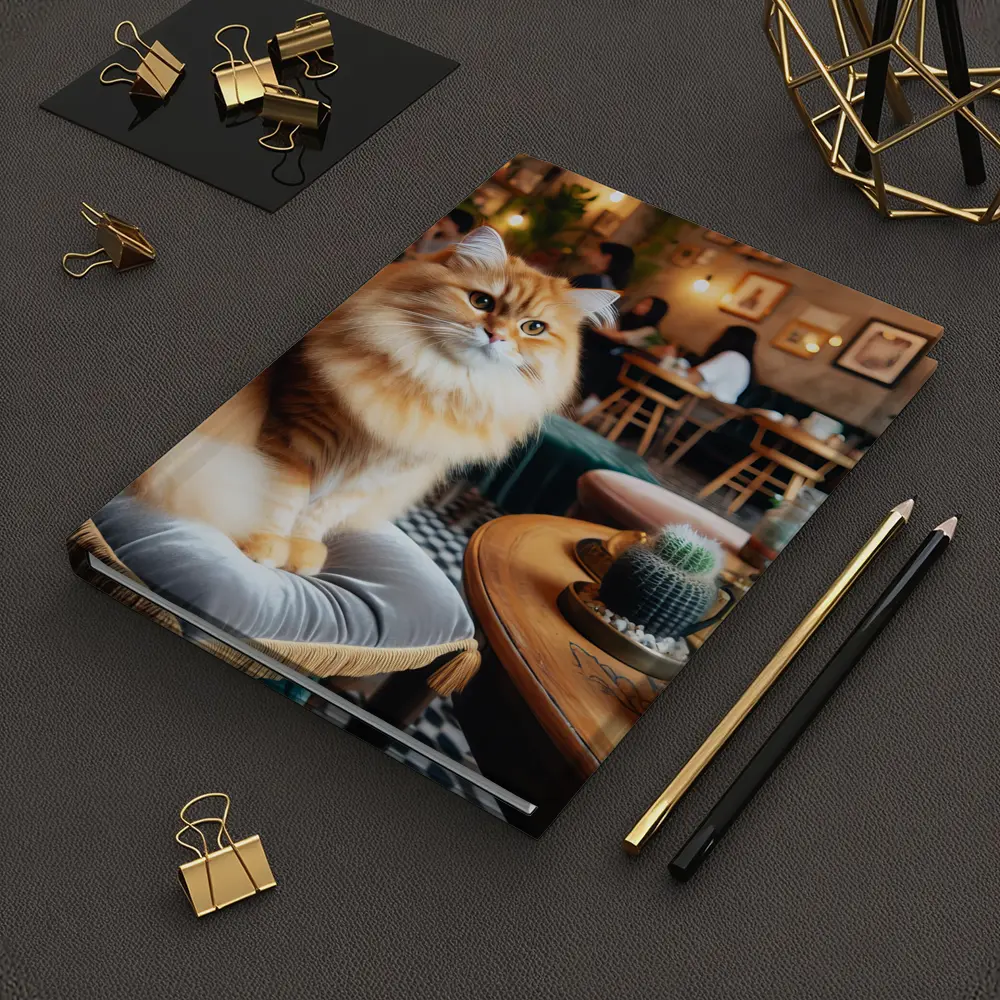 Fluffy Orange Cat Sitting In Cozy Cafe – Notebooks