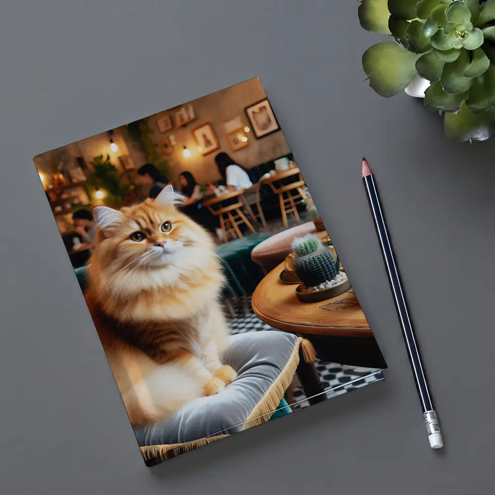 Fluffy Orange Cat Sitting In Cozy Cafe – Notebooks