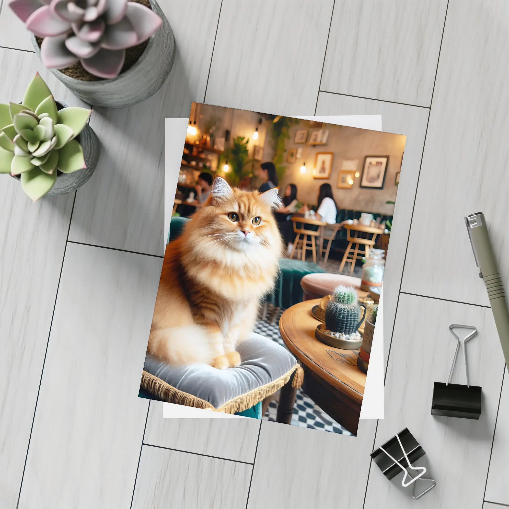 Fluffy Orange Cat Sitting In Cozy Cafe – Postcards
