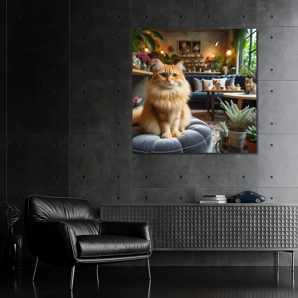 Fluffy Orange Cat Cozy Cafe Interior – Wall Art