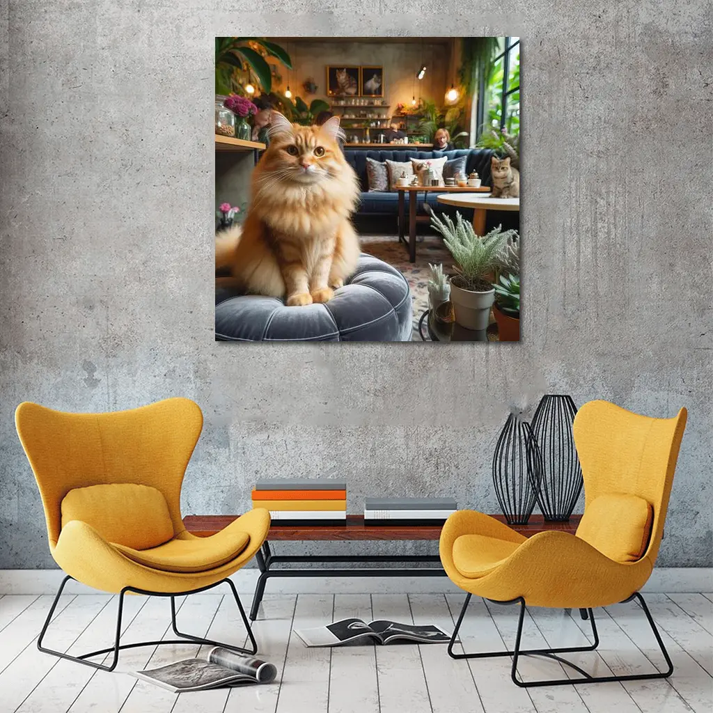 Fluffy Orange Cat Cozy Cafe Interior – Wall Art