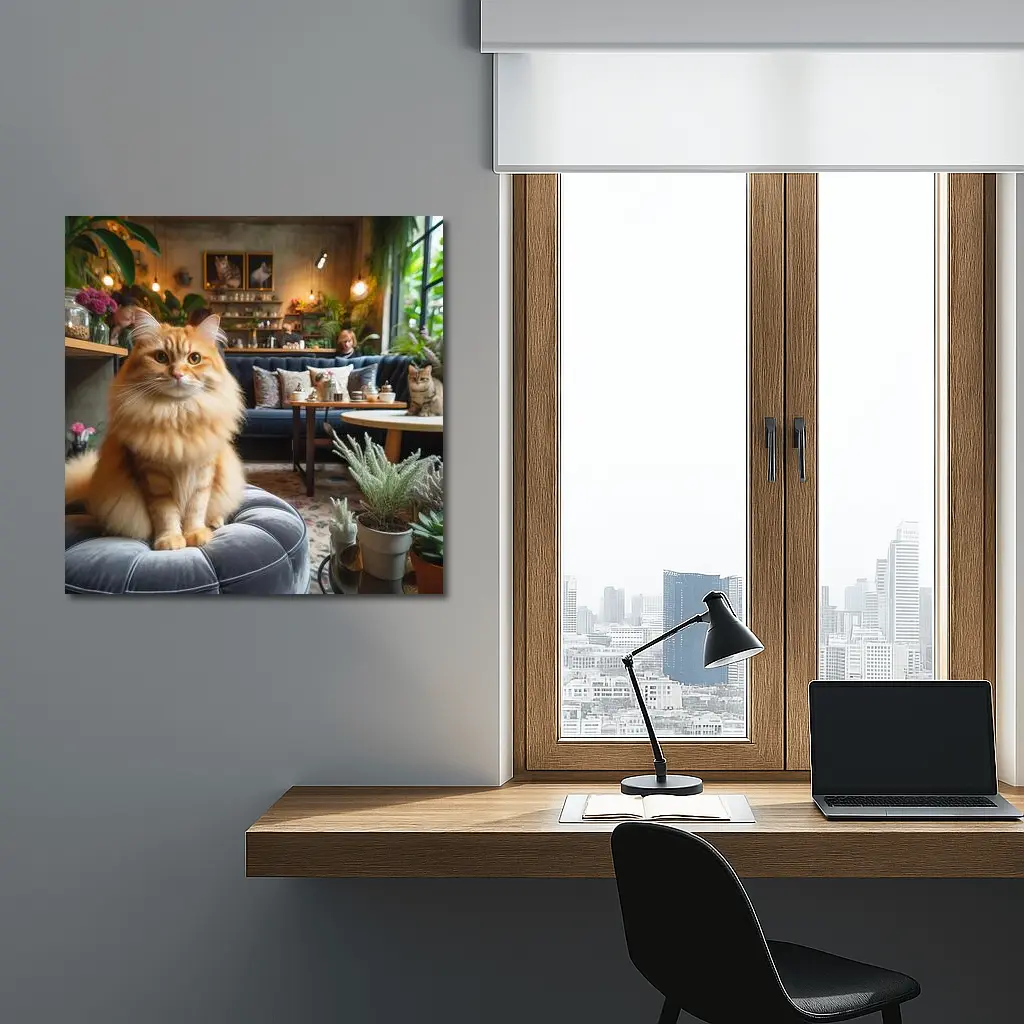 Fluffy Orange Cat Cozy Cafe Interior – Wall Art