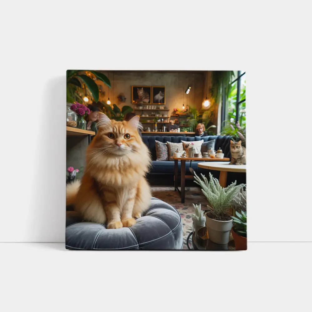 Fluffy Orange Cat Cozy Cafe Interior – Wall Art