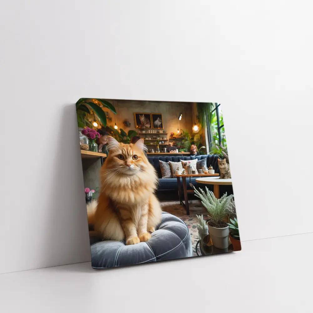 Fluffy Orange Cat Cozy Cafe Interior – Wall Art