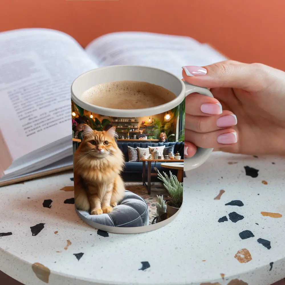 Fluffy Orange Cat Cozy Cafe Interior – Mugs