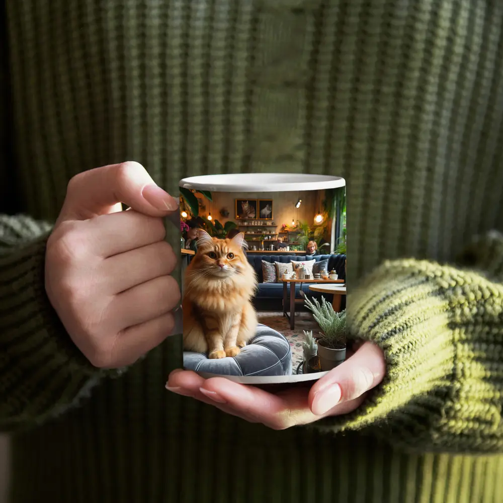 Fluffy Orange Cat Cozy Cafe Interior – Mugs
