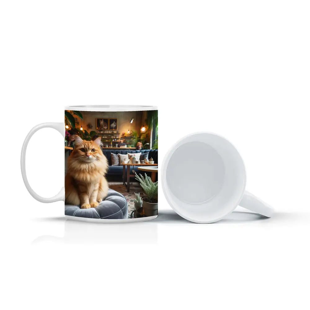 Fluffy Orange Cat Cozy Cafe Interior – Mugs