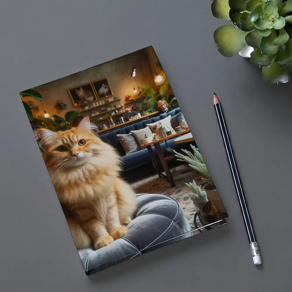 Fluffy Orange Cat Cozy Cafe Interior – Notebooks