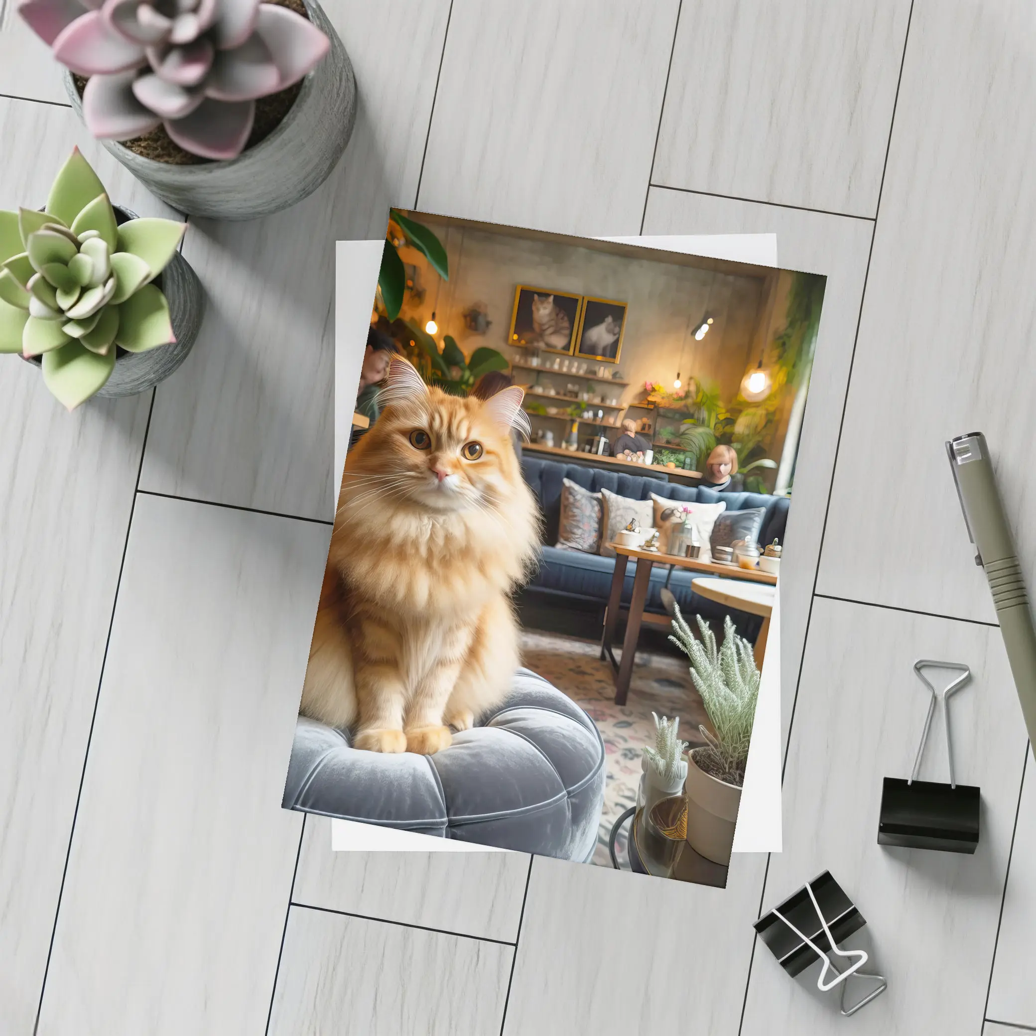 Fluffy Orange Cat Cozy Cafe Interior – Postcards