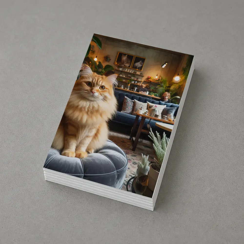 Fluffy Orange Cat Cozy Cafe Interior – Postcards