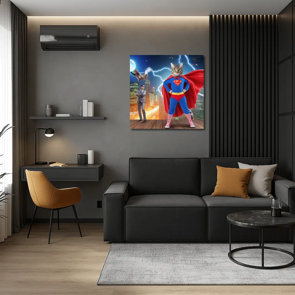 Tabby Cat Superman Costume City Night – Wall Art